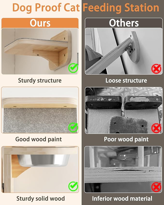 Meidok Cat Wall Furniture,Cat Wall Shelves,Dog Proof Cat Feeding Station with 3 Wide Wall Steps and 2pices 304 Stainless Steel Bowl Cat Feeding Shelf for Cats up to 25 Lbs - Wood Color