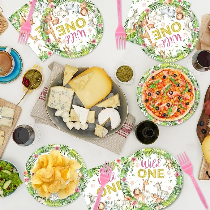48Pcs Wild One Birthday Decorations Jungle Safari Theme Tableware Set Wild Animals Disposable Plates Napkins Forks Serves 16 Safari Baby Shower Decorations