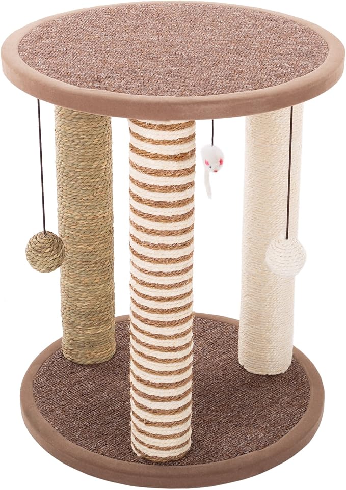 Cat Scratching Post - 3 Scratcher Posts with Carpeted Base Play Area and Perch - Furniture Scratching Deterrent for Indoor Cats by PETMAKER (Brown), Large