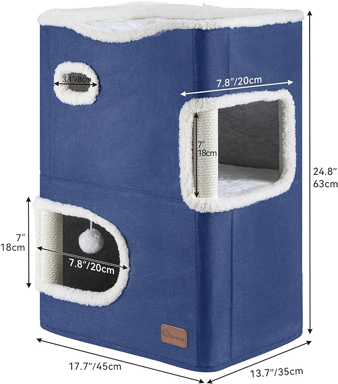 YITAHOME 2-Tier Cat House, Indoor Cat Cave Bed Playhouse, Cat Tunnels with Scratch Pad and Hideaway Cube, Cute Modern Cat Condo Furniture for Multi Small Cats, Classic (Blue)