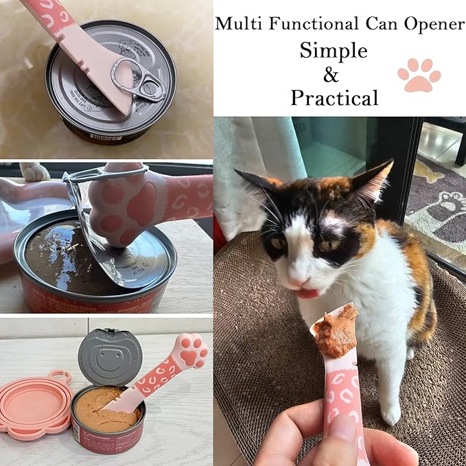 4 Pcs Cat Food Can Spoon & Can Covers | Cute Paw Silicone Pet Food Can Opener Spatula & Can Lids | Stainless Steel Wet Food Spoon for Cats and Dogs(Pink+Grey)