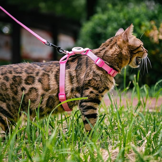 Cat Harness and Leash Set Escape Proof for Walking, Adjustable Cute Kitten Harness Leash with Airtag Holder for Small Large Cats, Lightweight Soft Walking Travel Harness (Pink)