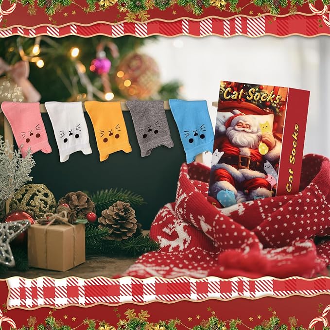 5 Pcs Women's Cat Socks Christmas Stocking Stuffers for Women Funny Christmas Gift Box White Elephant Gift Exchange Ideas for Teenage Girls Girlfriend Animal Lovers