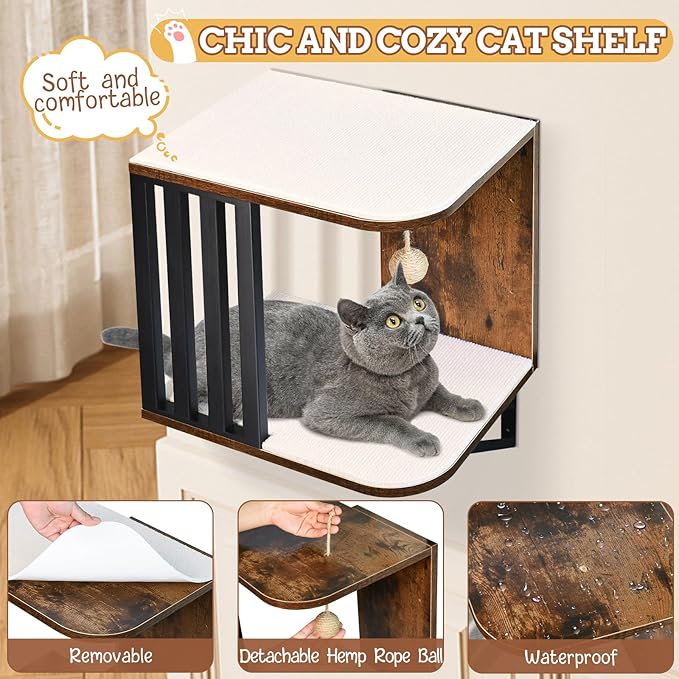 Cat Wall Shelves, 2-Tier Cat Wall Furniture, Small Cat Tree for Indoor Cats, Wood Cat Floating Shelf with Scratching Pad, Sisal Rope Ball, Wall Mounted Cat Tower Cat Perch for Nap, Climb, Play(Brown)