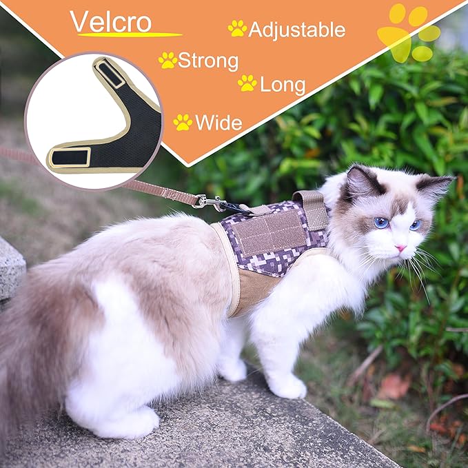 Tactical Cat Harness and Leash for Walking Escape Proof, Desert Camo, X-Large, Adjustable Cat Walking Jackets, Padded Stylish Cat Vest for Winter