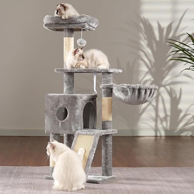 Hey-brother Cat Tree, 42.5-Inches Cat Tower for Indoor Cats, Plush Multi-Level Kitten Cat Condo with Scratching Post,Ramp, Basket, Spacious Cat Cave, Hanging Ball, Light Gray MPJ007SW