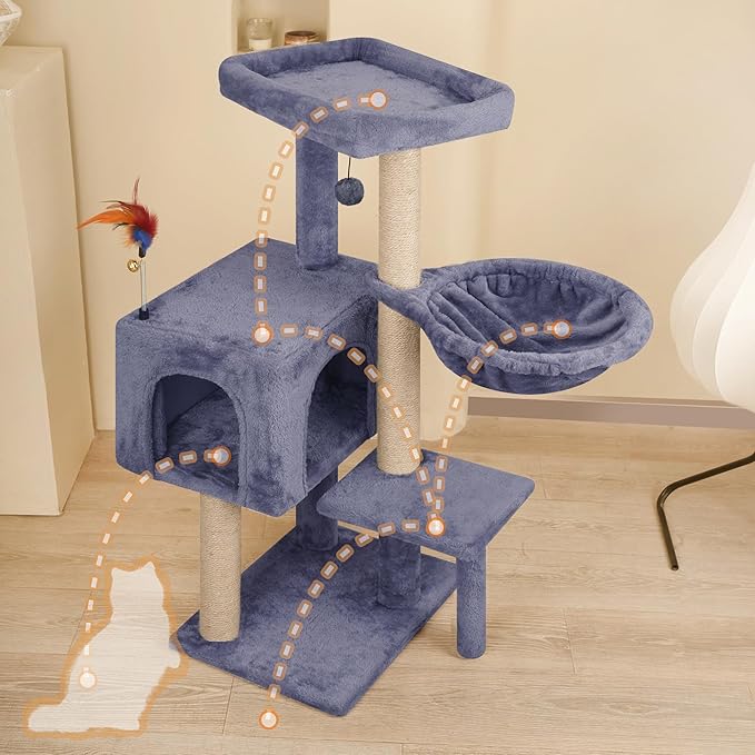 35.4'' Multifunction Cat Tree with Cozy Hammock & Hanging Ball, Cat Tower with Activity Cat Condo & Jute-Covered Scratching Posts, Grey