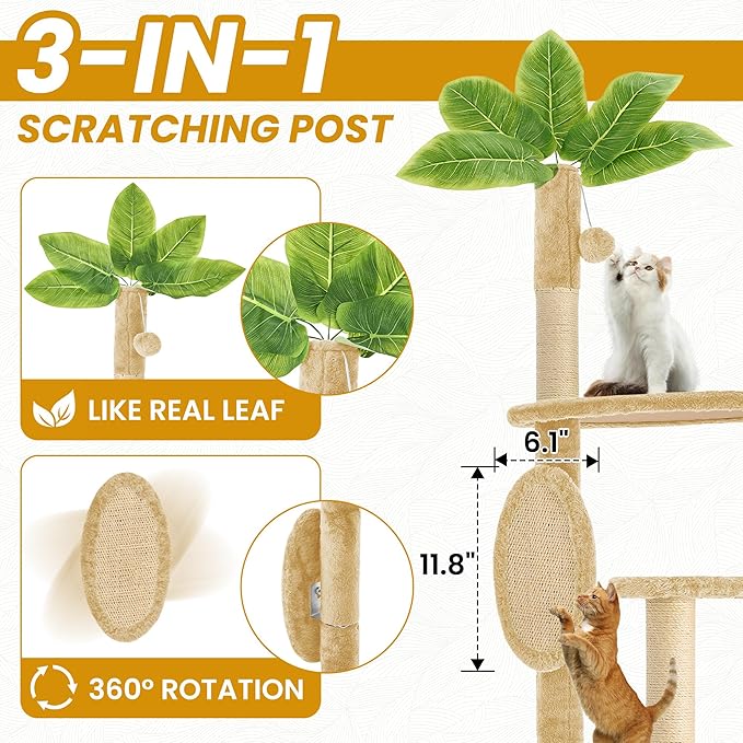 61" Large Cat Tree Tower for Indoor Cats with DIY Green Leaves Scratching Post Multi Soft Hang Ball Plush Cat House Furniture 360° Rotating Cat Scratch Board with Hammock, Beige