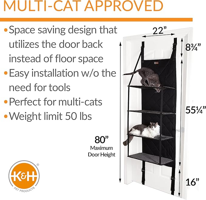 K&H PET PRODUCTS Hangin’ Cat Tree - Door Mounted Climber Cat Wall Perch Furniture Cat Hammock for Indoor, Hanging / Elevated Bed - 4 Story Gray 12 X 22 X 65 Inches