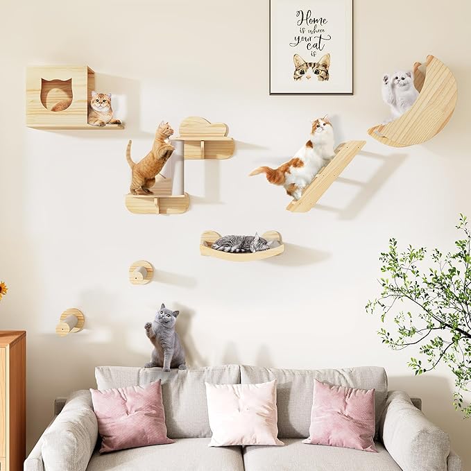 DWVO Cat Wall Shelves and Perches for Wall, Solid Wood Wall Mounted Cat Furniture, Set of 9 Cat Climbing Shelves with Moon Cat Wall House, Cat Wall Steps, Ladder, Scratching Post, Cat Hammock