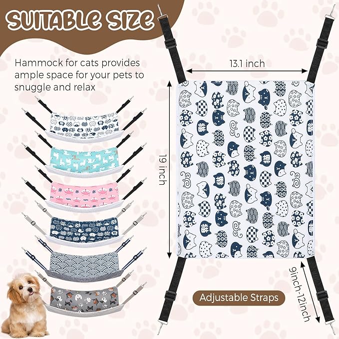 Barydat 6 Pcs Reversible Cat Hammock Bed 18.9 x 15 Inch Soft Breathable Pet Cage Hammock with Adjustable Straps Ferret Hammock Double Sided Cat Hammock Hanging for Kitten Puppy or Small Pet (Plush)