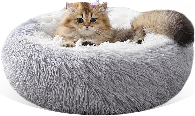 Something Different Calming Cat Beds for Indoor Cats,Anti Anxiety Round Fluffy Cat Bed,Soft Plush Pet Cushions,Dount Pet Bed with Slip-Resistant and Waterproof Bottom,Machine Washable,20”,Grey