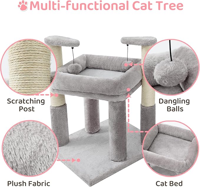 Made4Pets Cat Tree for Indoor Cats, Cat Tower with 2 Natural Sisal Scratching Post for Kitten, Kitty Cat Bed with Pom-pom Dangling Balls, Grey, DIY