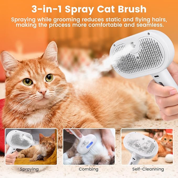 3 in 1 Cat Steam Brush, Pet Spray Hair Removal Comb for Shedding & Grooming, Water Brush for Cats Dogs Small Animals Long Short Haired with One-Click Release Button(White)