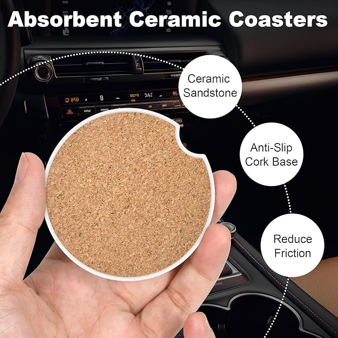 2 Pack Car Cup Holder Coaster, 2.63 inch Anti Slip Insert Absorbent Ceramic Coaster with Cork Base and Finger Notch, Cute Car Accessories Interior for Women