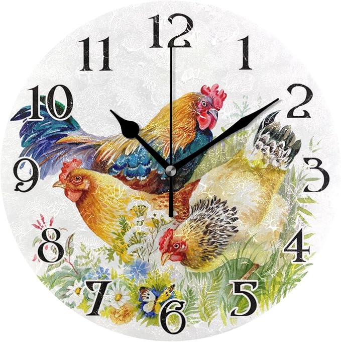 ALAZA Rooster Wall Clock Chicken Grass Battery Operated Kitchen Clock 9.5 Inch Bathroom Clock Non Ticking Round Decorative Desk Clock Bedroom Living Room Decor