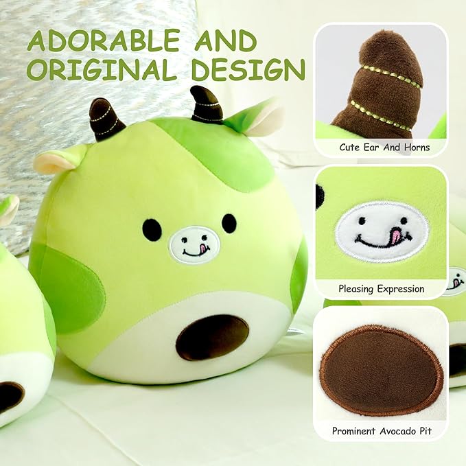 Avocado Cow Plush Toy Pillow Cute Stuffed Animal Soft Plushie Doll Gift for Kids Boys Girls Green 12 inch