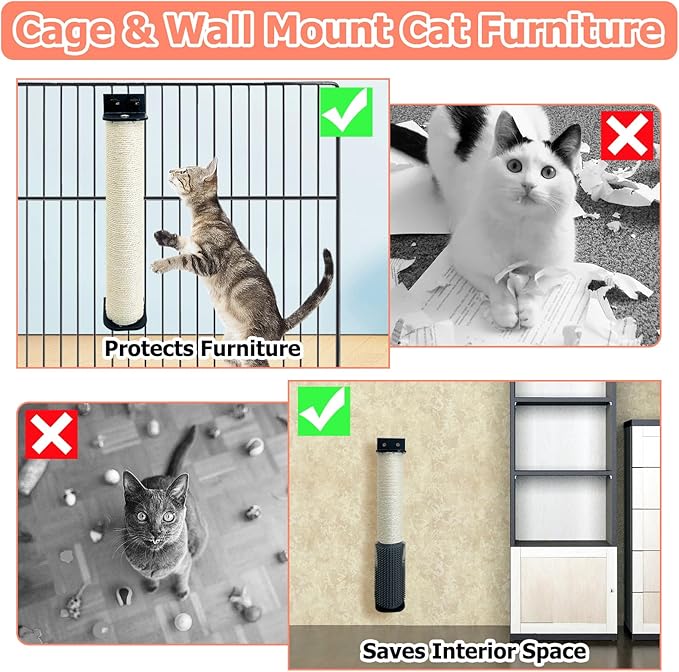 Cat Scratching Post Wall Mounted 2 Pack Cage Mount Cat Scratcher 2-in-1 Natural Sisal Kitty Scratch Posts with Self Groomer Massager for Scratch and Climbing 15.7x2.7in (White)