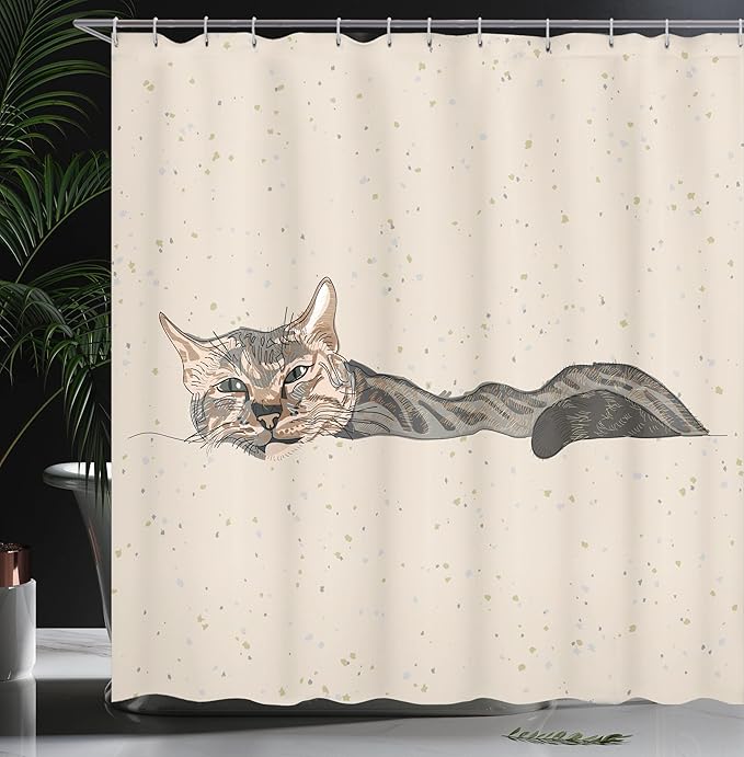 Ambesonne Cat Shower Curtain, Lazy Sleepy Cat in Earth Tones Furry Mascot Indoor Pet Art Illustration, Cloth Fabric Bathroom Decor Set with Hooks, 69" W x 75" L, Grey Beige