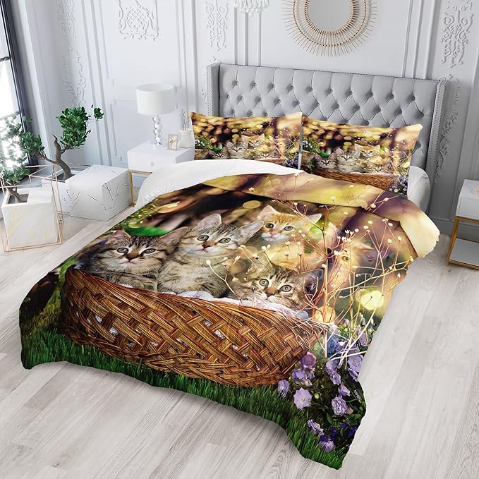 AILONEN Cat Comforter Set for Kids & Teens, 3D Printed Animal Bedding Set, Queen Size, Easy Care, 1 Comforter 2 Pillowcases