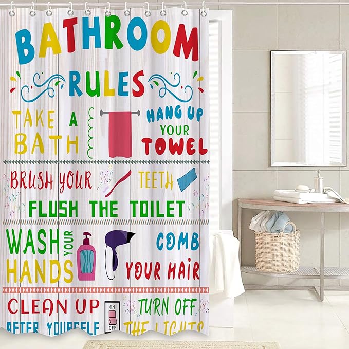 4 Pcs Kids Shower Curtain Sets with Non-Slip Rugs, Funny Teen Boy Girl with Inspirational Text, Cute Colorful Bathroom Rules Fabric Shower Curtain Restroom Bathtub Decor Accessories 72X 72in