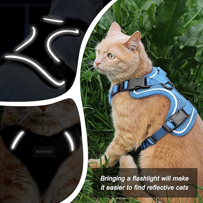 Cat Car Harness, Cat Harness and Leash Set, Soft and Breathable Vest with Reflective Strip, Anti Escape Adjustable Cat Harness, Easy to Wear for Cats Walking and Traveling, Blue, M