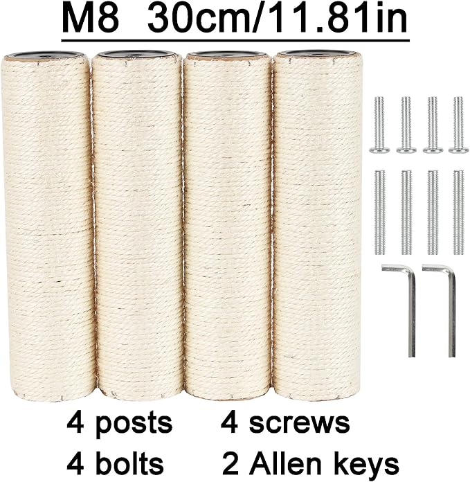 4 Pcs 3.1in 7.9cm Diameter Cat Scratching Post Replacement Sisal Pole with Screws and Bolts and Wrench for Cat Tree Condo (30cm/11.81in, M8)