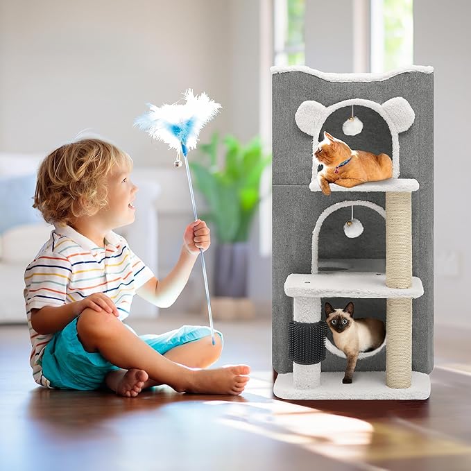 YIATHOME 3-Tier Cat House, Cat Beds for Indoor Cats, Modern Cat Condo with Highway Cave, Scratch & Itching Post, Climbing Stand, Cat Cube Playhouse for Multi Kittens, Grey