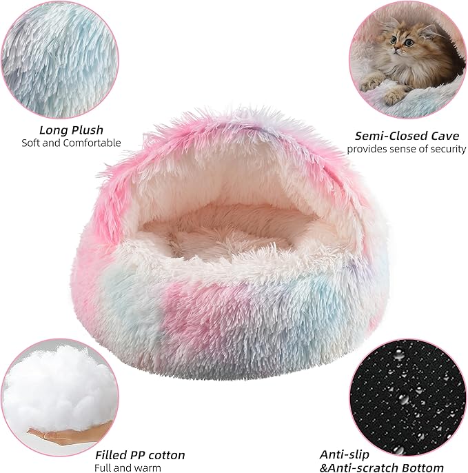 Something Different Cat Bed Round Plush Fluffy Hooded Calming Cat Bed Cave for Dogs&Cats,Self Warming pet Bed with Non-collapsed Cover for Indoor Cats or Small Dogs,Machine Washable,20in,Rainbow
