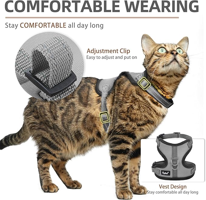 PUPTECK Cat Harness and Leash Set Escape Proof, Reflective Adjustable Soft Mesh Kitten Vest Harness for Walking Travel, Grey, M