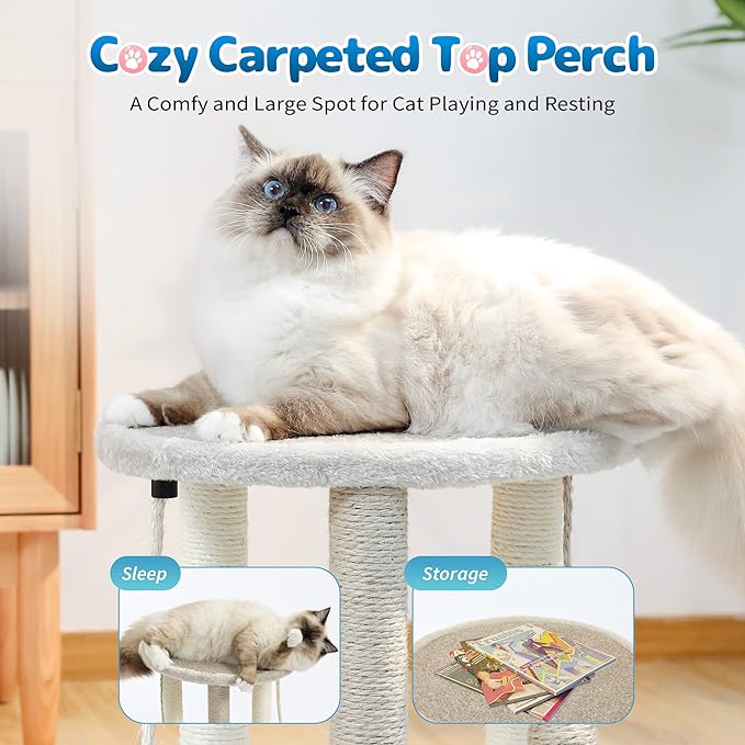 Made4Pets Cat Scratching Post,3 Cat Scratcher Posts with Soft Carpet Covered Perch,4 in 1 Kitten Toy,17" Small Cute Cat Tree Cat Tower with Hanging Ball Cat Toy, Scratching Posts for Indoor Cats