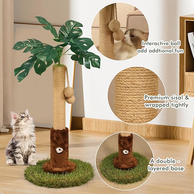 Cat Scratching Posts Cat Trees 26.4" Tall with Sisal Rope Cat Toy and Hanging Ball for Indoor,Wooden Palm Tree Cat Scratch Pole for All Cat