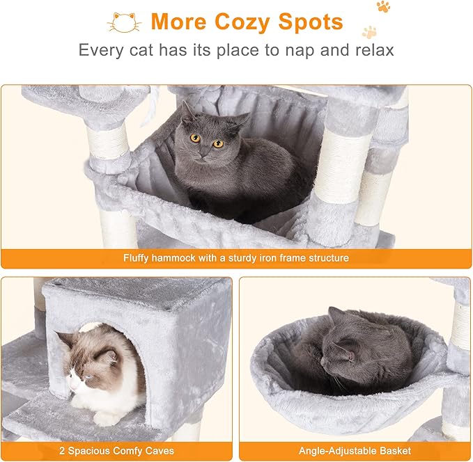 Heybly Cat Tree, 70 inches Tall Cat Tower condo with Toy for Indoor Large Cats, Cat House Furniture with Padded Plush Perch, Cozy Hammock and Sisal Scratching Posts,Light Gray HCT032W