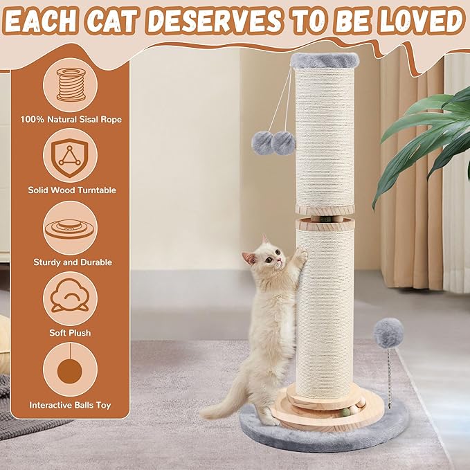 OTOB 33" Tall Cat Scratching Post, 4.3Inch Large Diameter Natural Sisal Rope Scratcher Post, 5-in-1 Interactive Turntable Cat Scratch Post with Soft Hanging Ball Toys for Indoor Large Cats