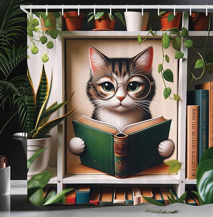 Ambesonne Cat Shower Curtain, Bookworm Kitty Reading Between Shelves Weeping Plants Botanical Cozy Concept, Cloth Fabric Bathroom Decor Set with Hooks, 69" W x 70" L, Green Paprika Beige
