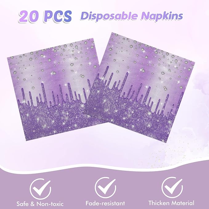 41Pcs Purple Birthday Party Decorations, Happy Birthday Party Tableware Includes 20 Paper Plates 20 Napkins and 1 Tablecloth, Purple Dinnerware for Women Girl Men Birthday Party Baby Shower Decoration