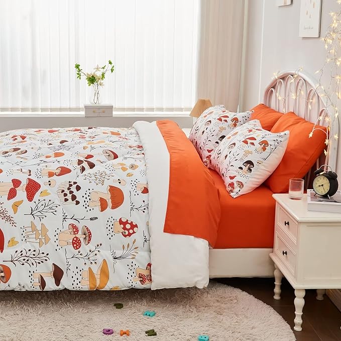 7 Piece Mushroom Comforter Set Full Size,Plant Wild Mushroom Comforter with Sheet Set Bed in A Bag for Kids Boys Girls,Full(1 Comforter, 1 Flat Sheet, 1 Fitted Sheet, 4 Pillowcases)