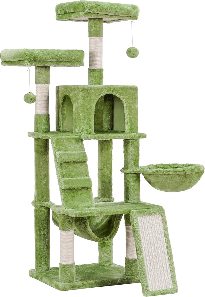Heybly Cat Tree, Cat Tower for Indoor Cats,Multi-Level Cat Furniture Condo for Cats with Padded Plush Perch, Cozy Basket and Scratching Board Smoky Green HCT014GR