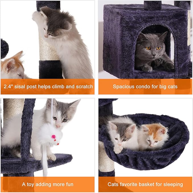 Heybly Cat Tree with Toy, Cat Tower condo for Indoor Cats, Cat House with Padded Plush Perch, Cozy Hammock and Sisal Scratching Posts, Smoky Gray HCT004SG
