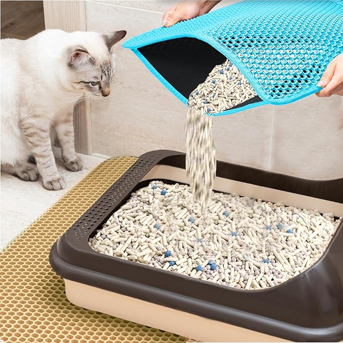 2025 𝗡𝗘𝗪 Waterproof Cat Litter Mat | Double Layer EVA, Odor-Free Large Grid | Urine Proof & Easy Cleanup | Soft on Paws | Versatile Design for Litter and Feeding (Blue, 16×21)