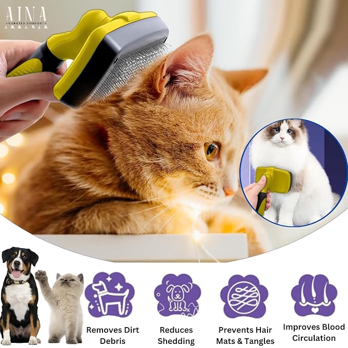 AINA Self-Cleaning Pet Grooming Brush | Pet Slicker Brush for Dogs & Cats Detangling & Fur Removal with Click Clean Button | Effective & Comfortable Pet Deshedding Brush, Perfect for Pet Grooming