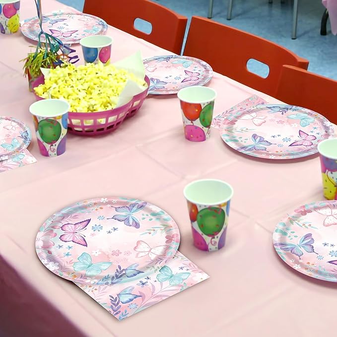 96 Pcs Butterfly Birthday Party Plates Napkins Forks Decorations Tableware Set Supplies Disposable Paper Flower and Butterfly Favors, Serves 24 Guests