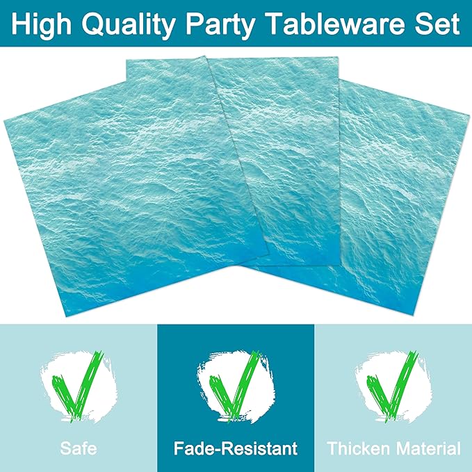 96 Pcs Ocean Sea Plates and Napkins Party Supplies, Disposable Forks Paper Dessert Tableware Decorations Birthday Table Dinnerware Favors Set, Serves 24
