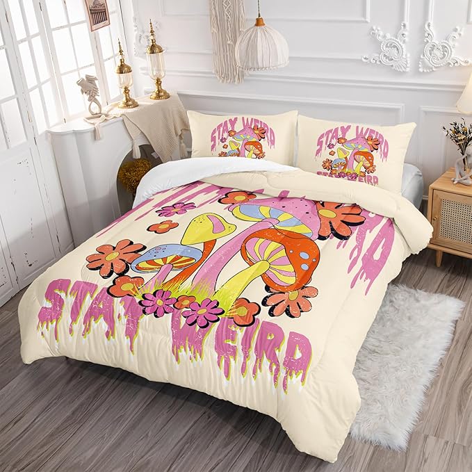 Axolotl Cartoon Mushroom Comforter Set Queen,Colorful Mushrooms Bedding Girls Bedding Set,Floral Comforter Set Red Pink Flower,Cute Mushroom Bedding Set For Kids Boys Girls Teens,1 Quilt 2 Pillowcases