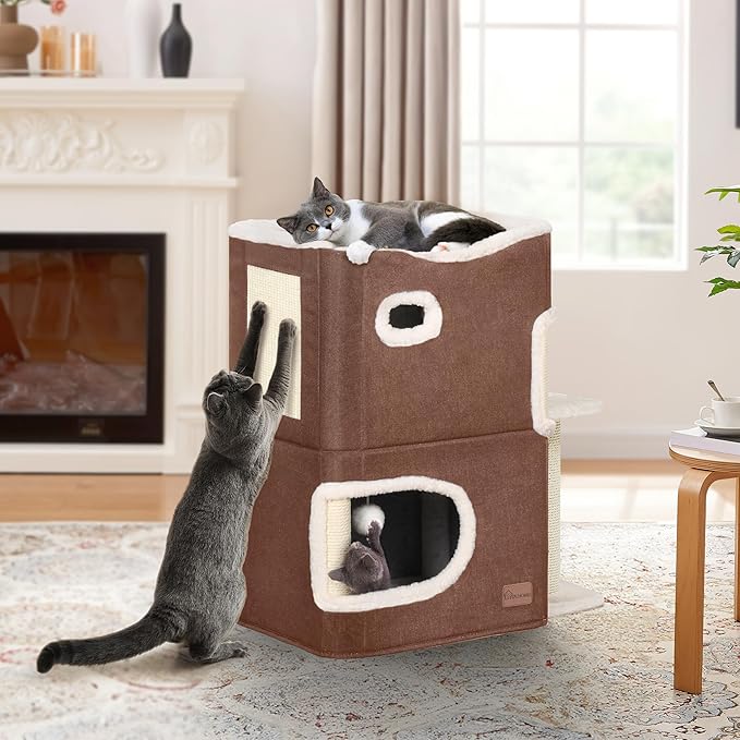 YITAHOME 2-Tier Cat House, Indoor Cat Cave Bed Playhouse, Flannel & Cool Mat, Covered Cat Beds with Scratch Pad and Hideaway Cave, Cute Modern Cat Condo Furniture for Multi Small Cats, Brown