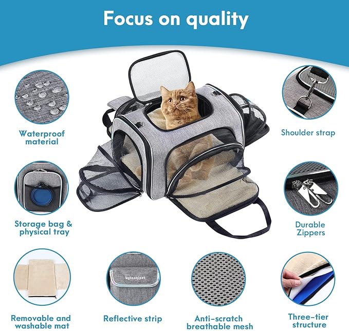 4 Sides Expandable Cat Travel Bag Airline Approved Collapsible Cat Soft-Sided Carriersexpandable pet Carrier，Folding Soft Sided Transport Tote Bag for Kittens,Dog & Small Animals、Removable Fleece Pad