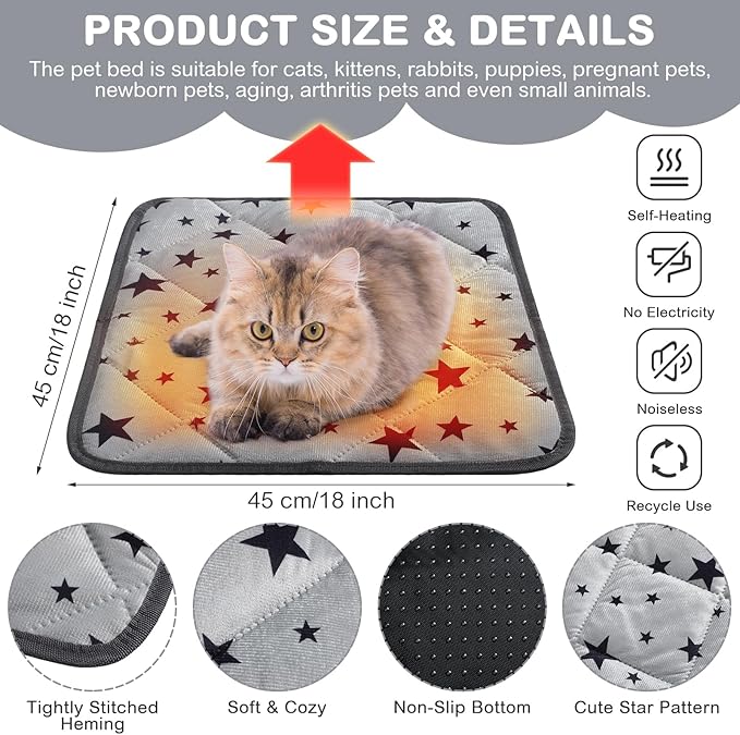 Self Warming Cat Bed Self Heating Dog Mat Star Pattern Warm Thermal Pet Pad Reflects Body Heat Washable Soft Puppy Crate Pad Anti Slip Kennel Mat Blanket for Indoor Pets (18 x 18 Inches)