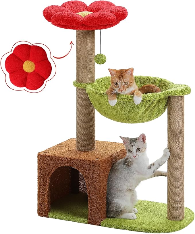 Flower Cat Tree with Sisal Scratching Posts, 35" Cute Cat Tower with Large Green Hammock for Small Indoor Cats, Cat Condo with Removable Flower Bed for Kittens, Brown