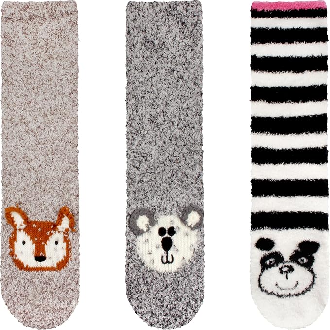 BambooMN Super Soft Warm Cute Animal Face Non-Slip Fuzzy Crew Winter Home Socks, Value Pack