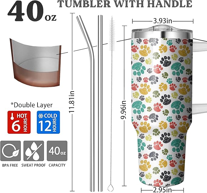 40 Oz Paw Print Tumbler With Handle and Straw, Double Wall Stainless Steel Cup, Insulated Coffee Mug for Cat Mom or Dad, Leak Proof Insulated Mug for Women Gifts